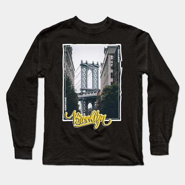 Brooklyn bridge / Typography (Cursive) Long Sleeve T-Shirt by Yurko_shop